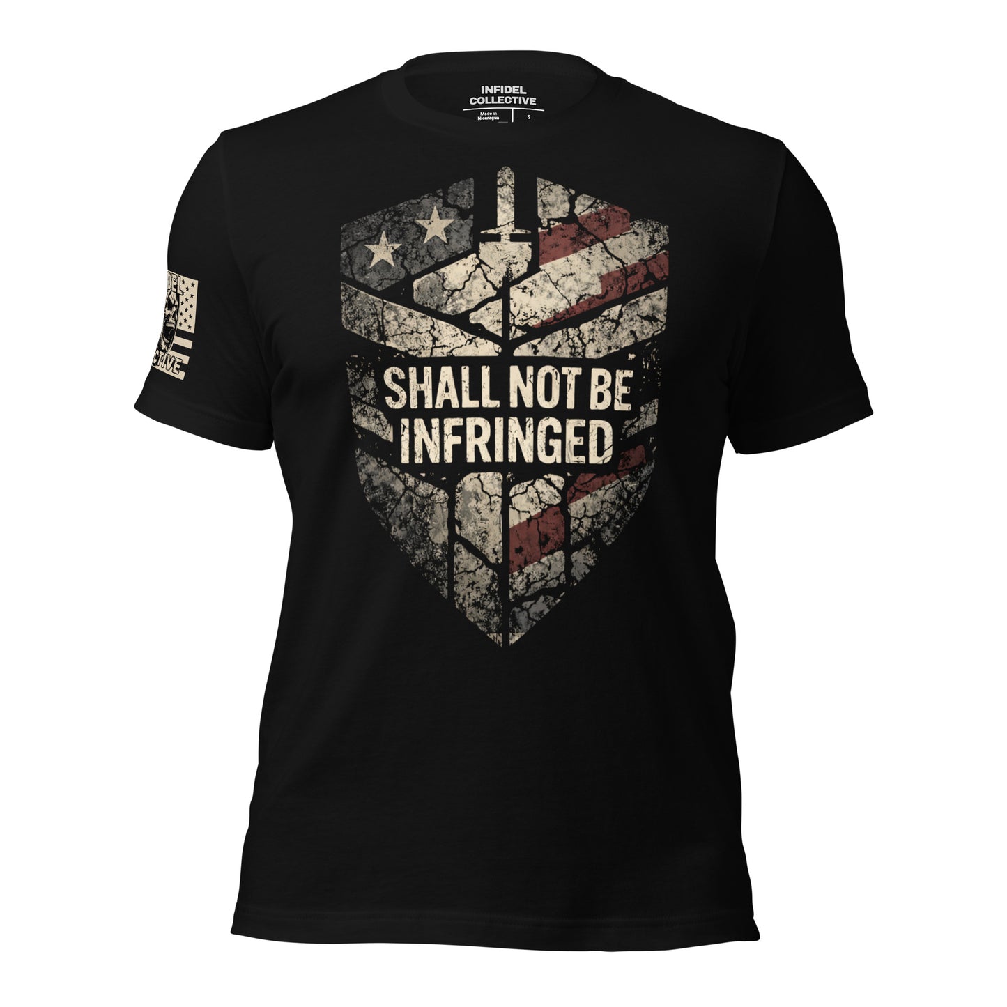 Black t-shirt with 'Shall Not Be Infringed' graphic design on a white background