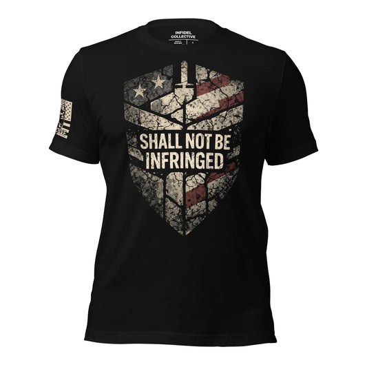 Black t-shirt with 'Shall Not Be Infringed' graphic design on a white background