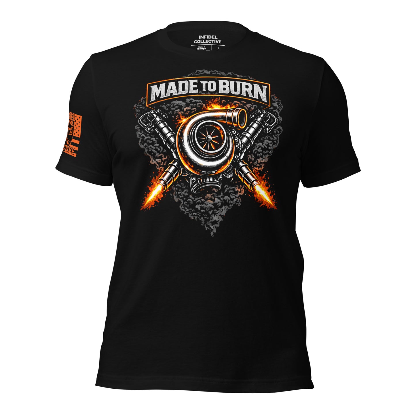 Black t-shirt with 'Made to Burn' graphic design on a white background