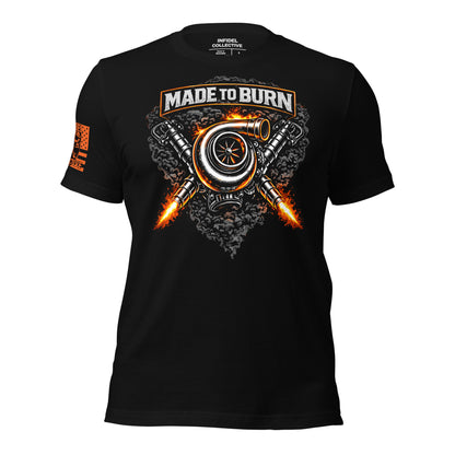Black t-shirt with 'Made to Burn' graphic design on a white background