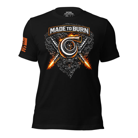 Black t-shirt with 'Made to Burn' graphic design on a white background