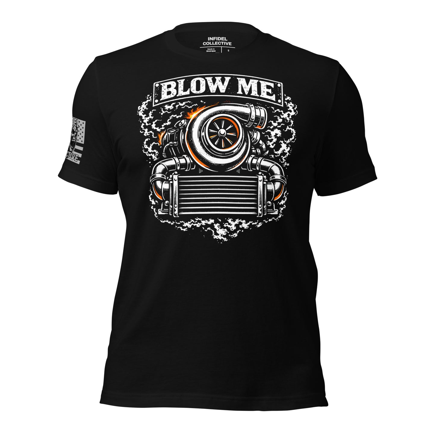 Black t-shirt with engine graphic and 'Blow Me' text on a white background