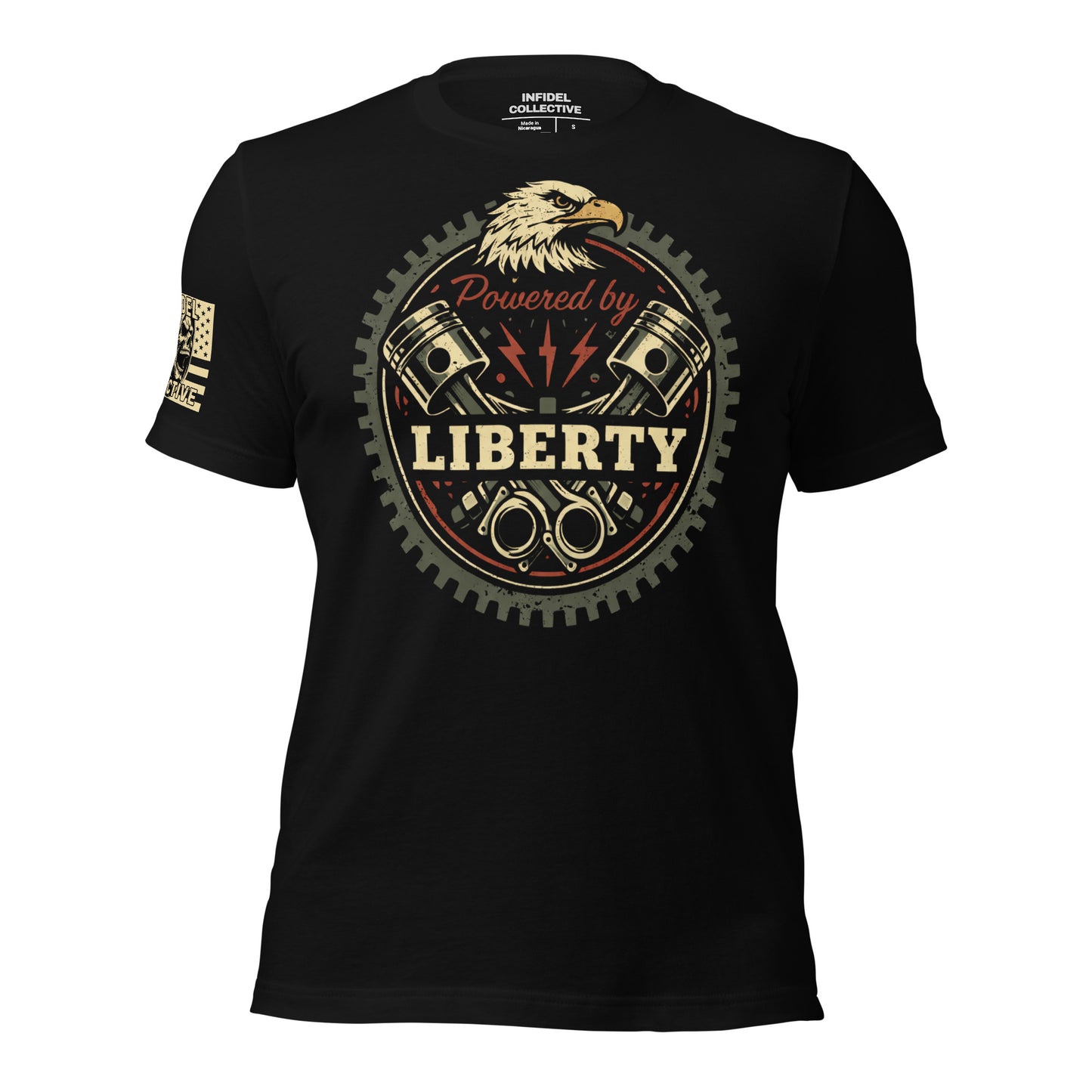 Black t-shirt with 'Powered by Liberty' graphic design featuring an eagle and gears on a white background.