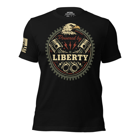 Black t-shirt with 'Powered by Liberty' graphic design featuring an eagle and gears on a white background.