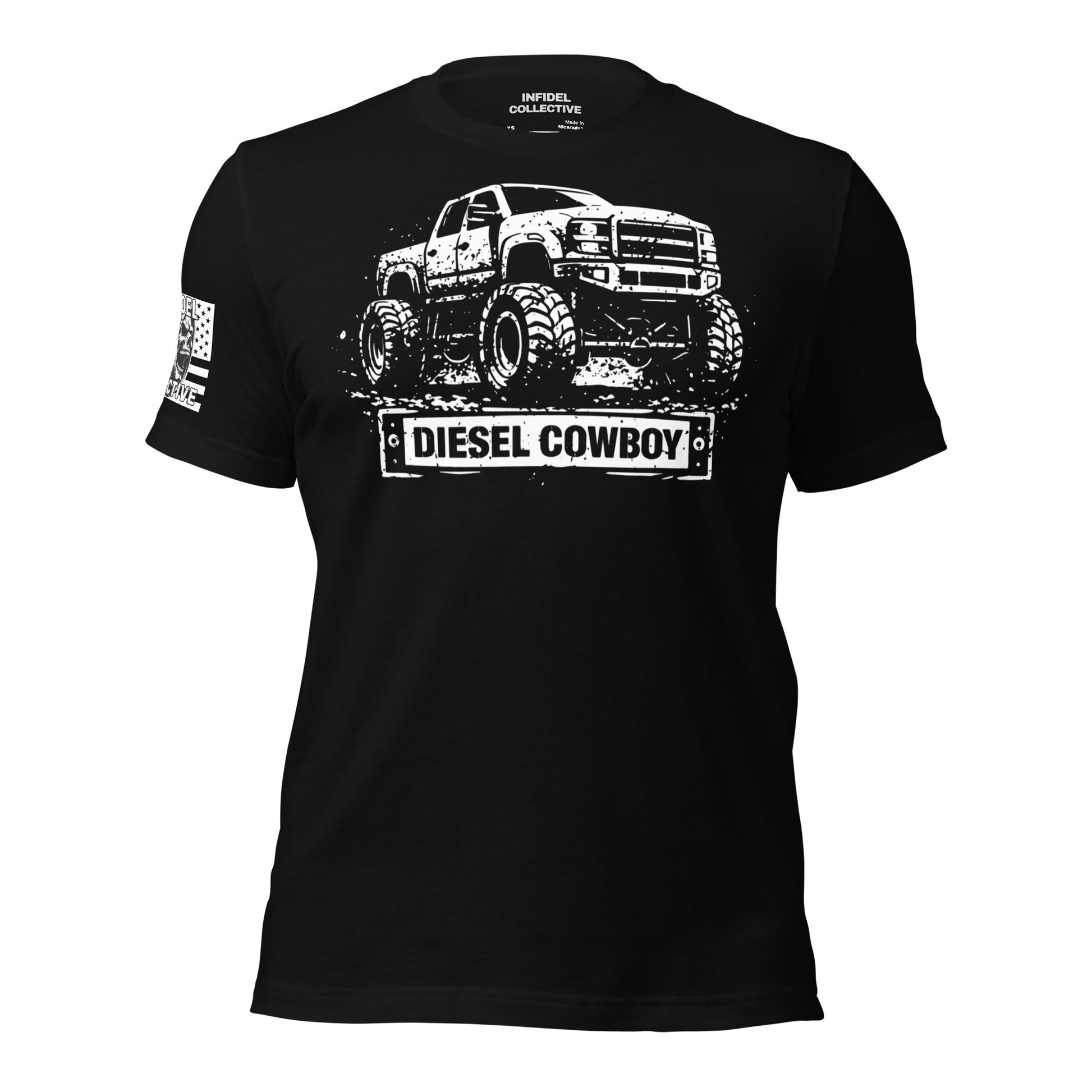 Black t-shirt with a graphic of a truck and 'Diesel Cowboy' text on a white background