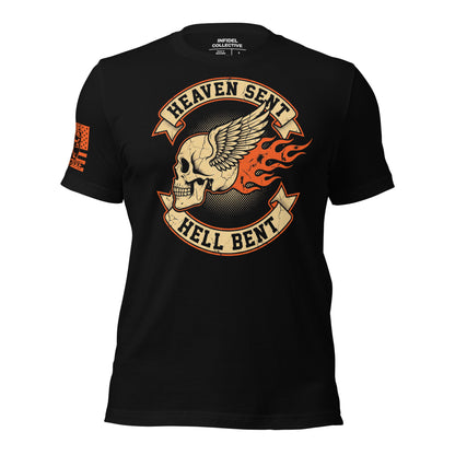 Black t-shirt with a skull and wings graphic and 'Heaven Sent, Hell Bent' text on a white background.