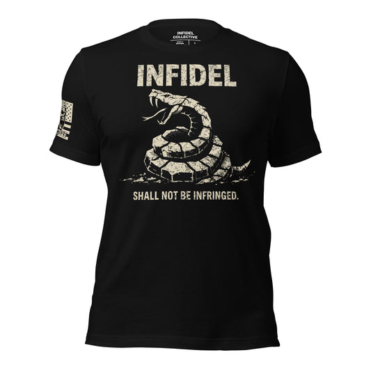 Black t-shirt with snake graphic and text 'INFIDEL SHALL NOT BE INFRGED' on a white background