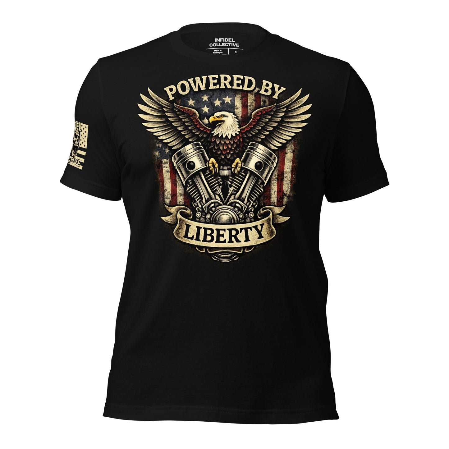 Black t-shirt with eagle and engine graphic and 'Powered by Liberty' text on a white background