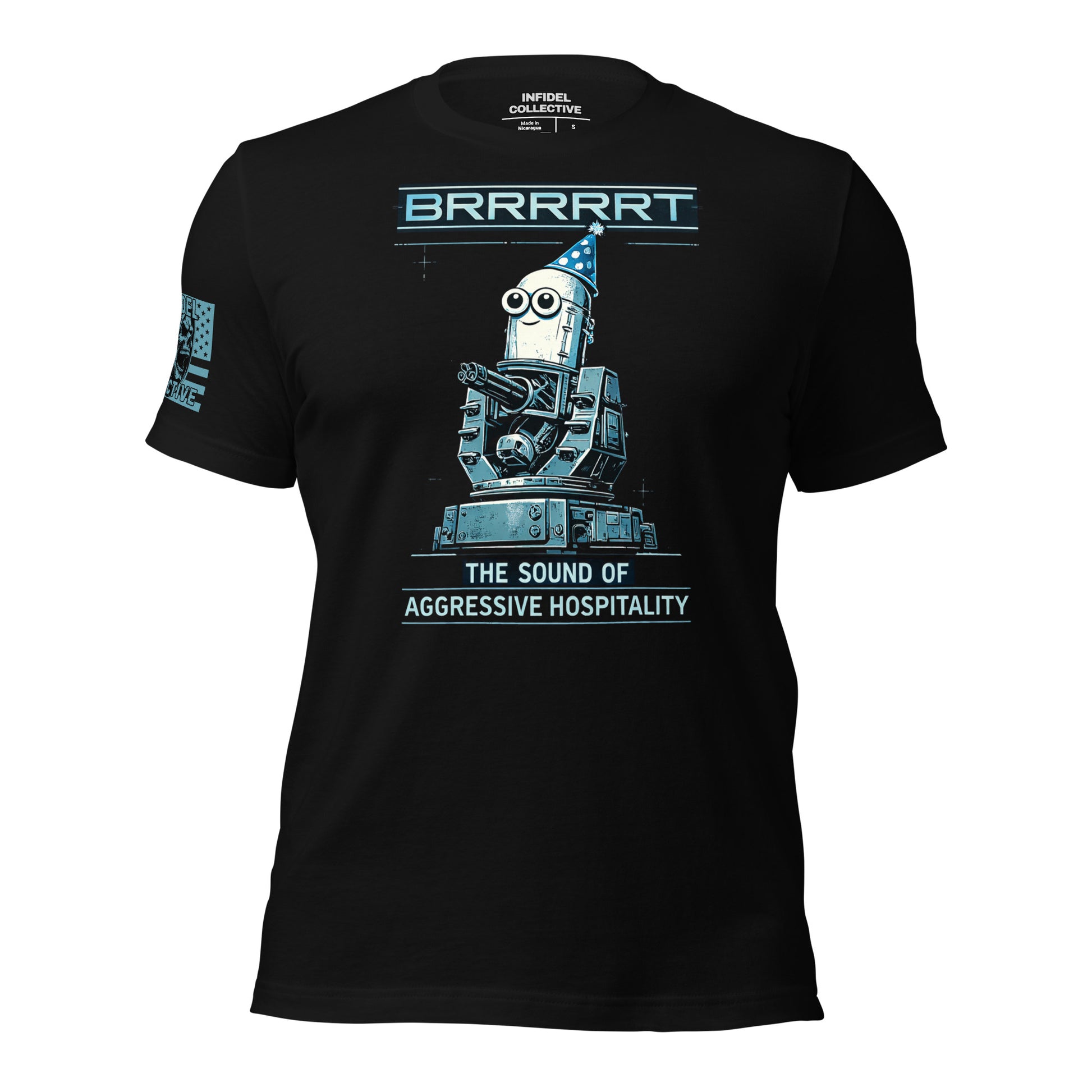 Black t-shirt with robot graphic and text on a white background