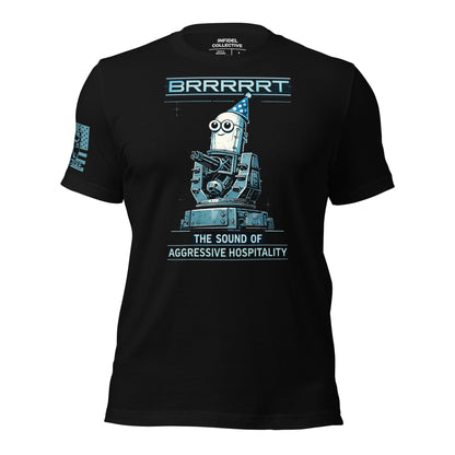 Black t-shirt with robot graphic and text on a white background