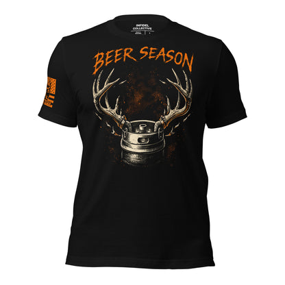 Black t-shirt with 'Beer Season' graphic design on a white background