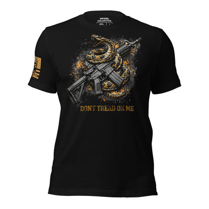 Black t-shirt with snake and rifle graphic and 'Don't Tread on Me' text on a white background