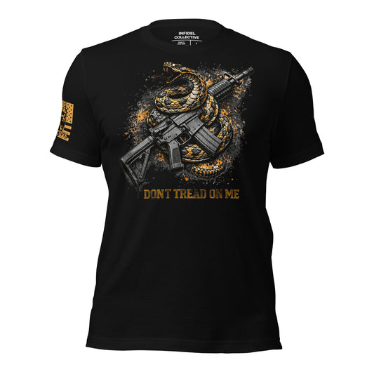 Black t-shirt with snake and rifle graphic and 'Don't Tread on Me' text on a white background