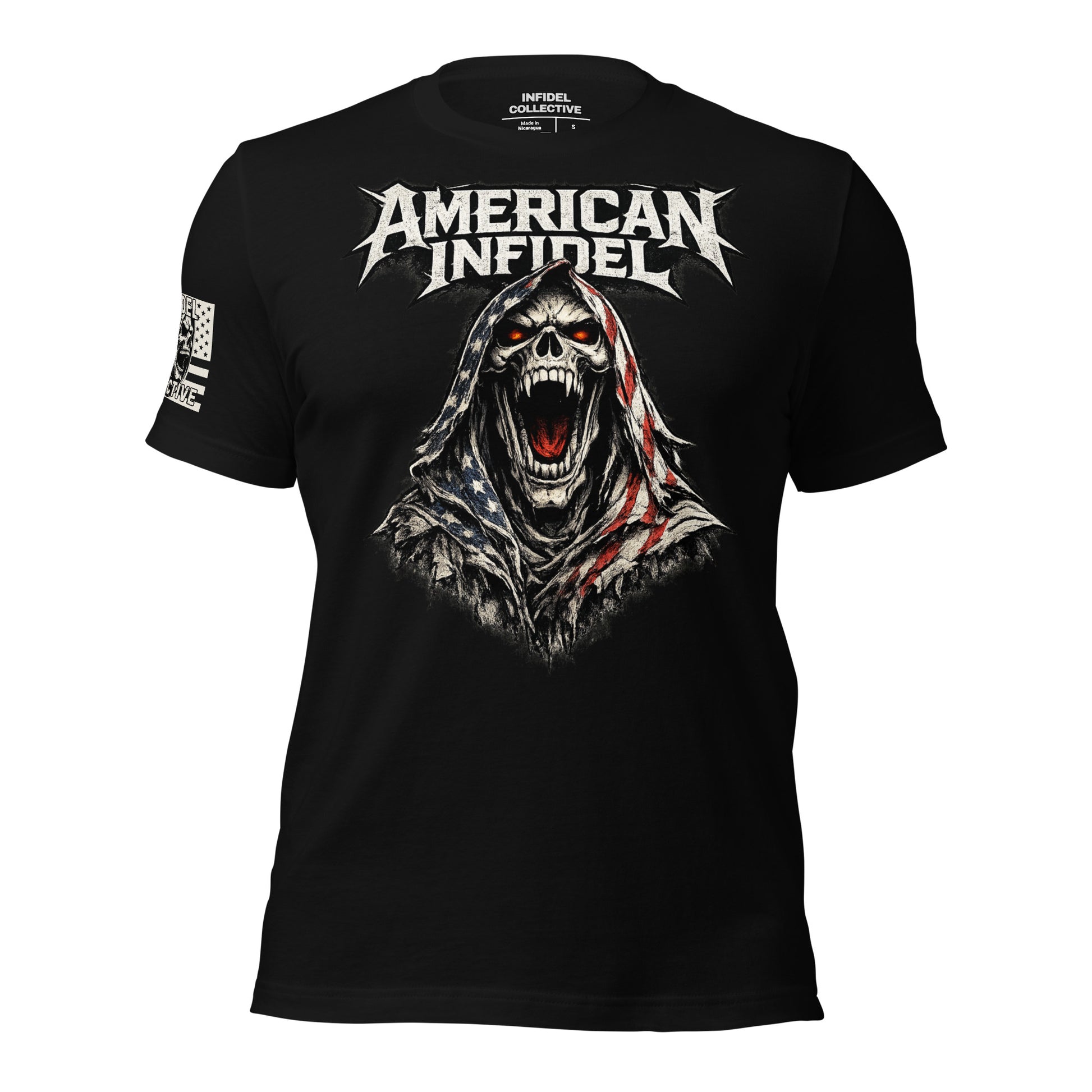 Black t-shirt with a graphic design of a hooded figure and 'American Infidel' text on a white background.