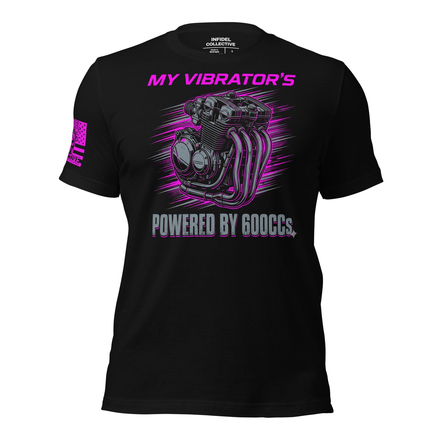 Black t-shirt with pink and white graphic design on a white background