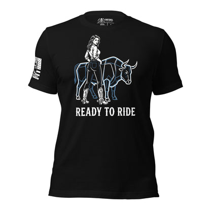 Black t-shirt with graphic design of a person riding a bull and 'Ready to Ride' text on a white background.