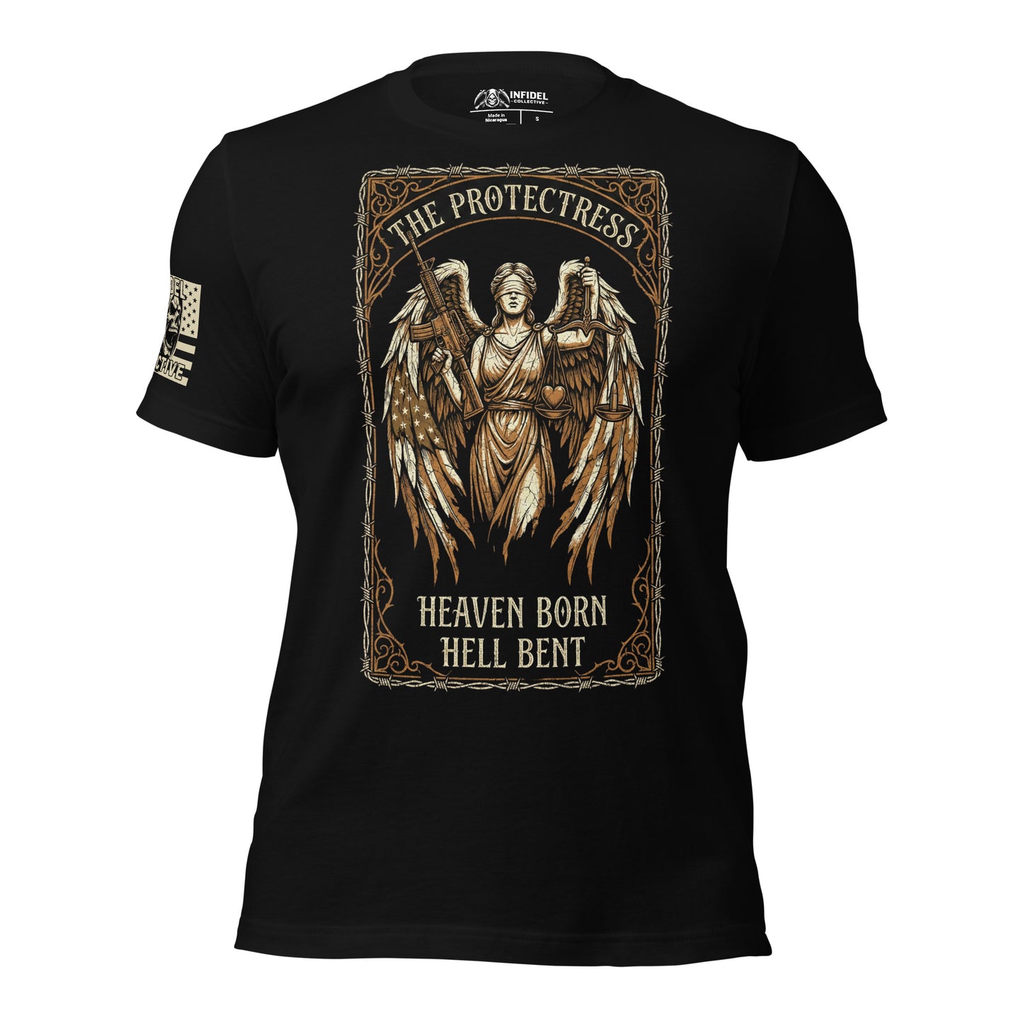 Black t-shirt with angel graphic and text on a white background