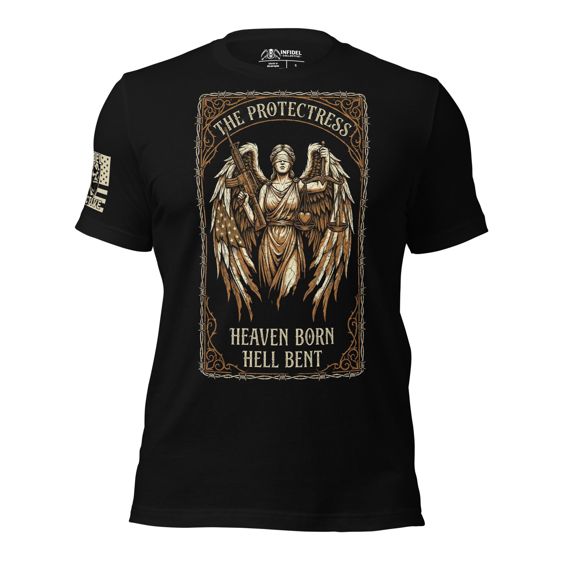 Black t-shirt with angel graphic and text on a white background
