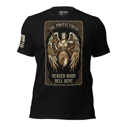 Black t-shirt with angel graphic and text on a white background