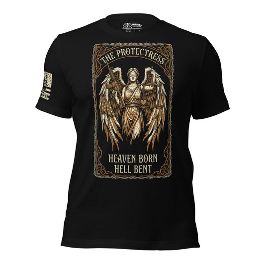 Black t-shirt with angel graphic and text on a white background