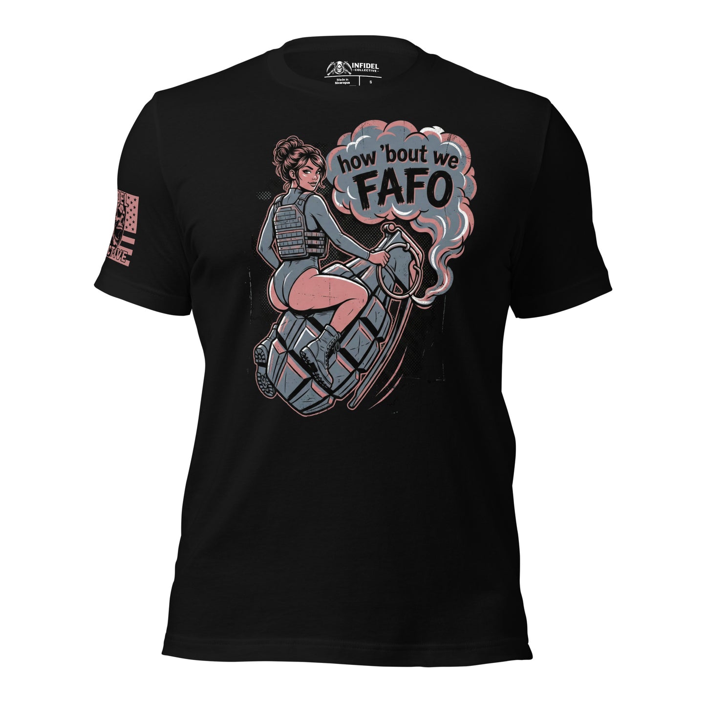 Black t-shirt with graphic design of a woman on a grenade and text 'how 'bout we FAFO'.