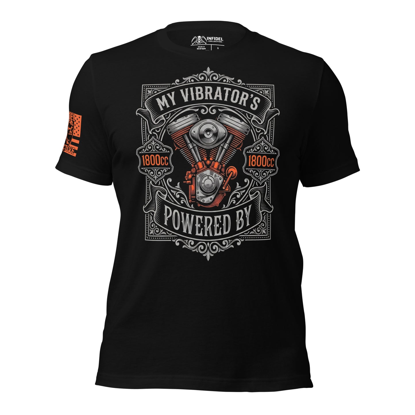 Women's Black biker t-shirt with 1800cc graphic design and text on a white background