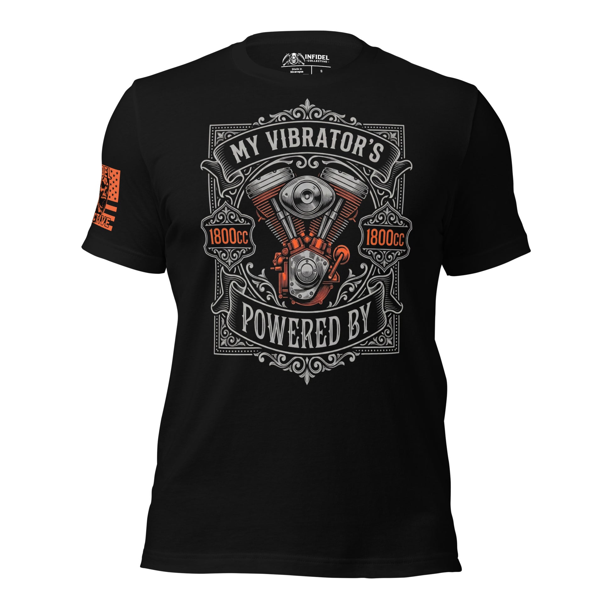 Women's Black biker t-shirt with 1800cc graphic design and text on a white background