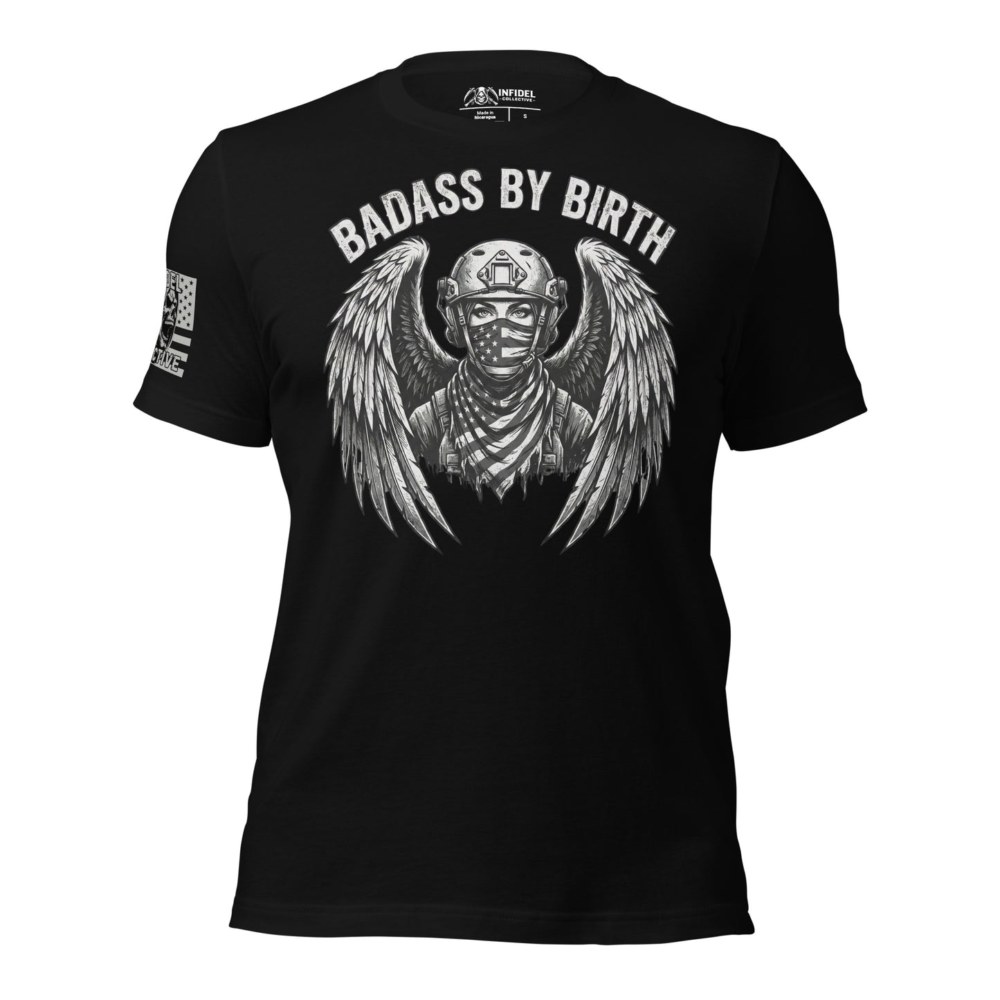 Black t-shirt with graphic design and text 'Badass by Birth' on a white background