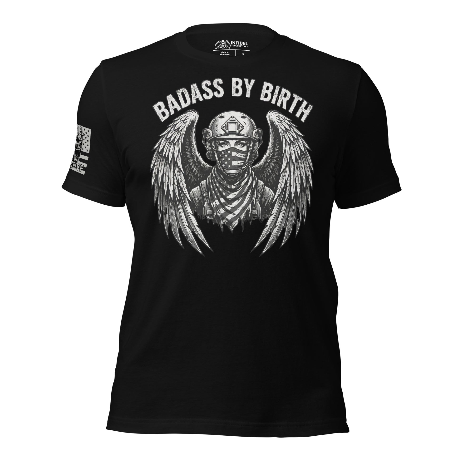 Black t-shirt with graphic design and text 'Badass by Birth' on a white background
