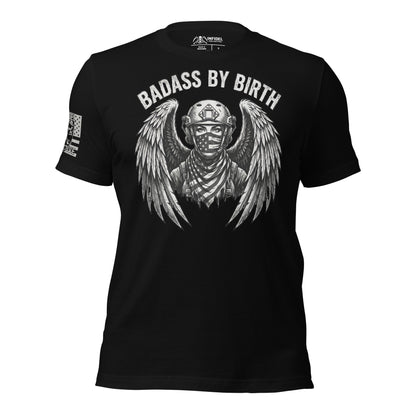 Black t-shirt with graphic design and text 'Badass by Birth' on a white background