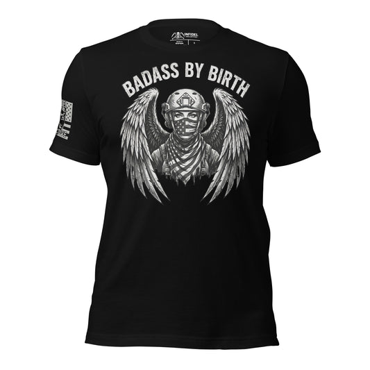 Black t-shirt with graphic design and text 'Badass by Birth' on a white background