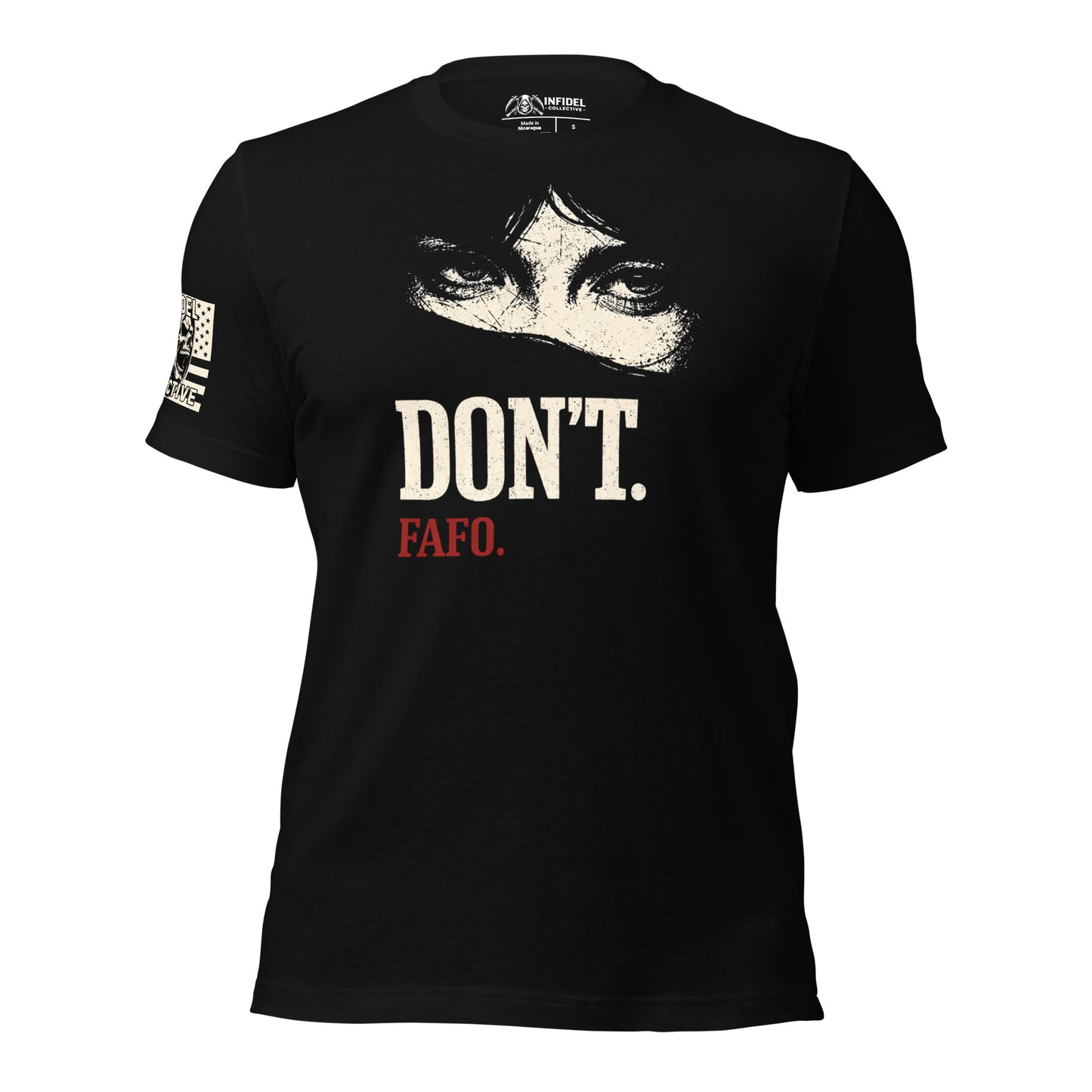 Black t-shirt with graphic design and text "Don't. FAFO" across the front, against a white background