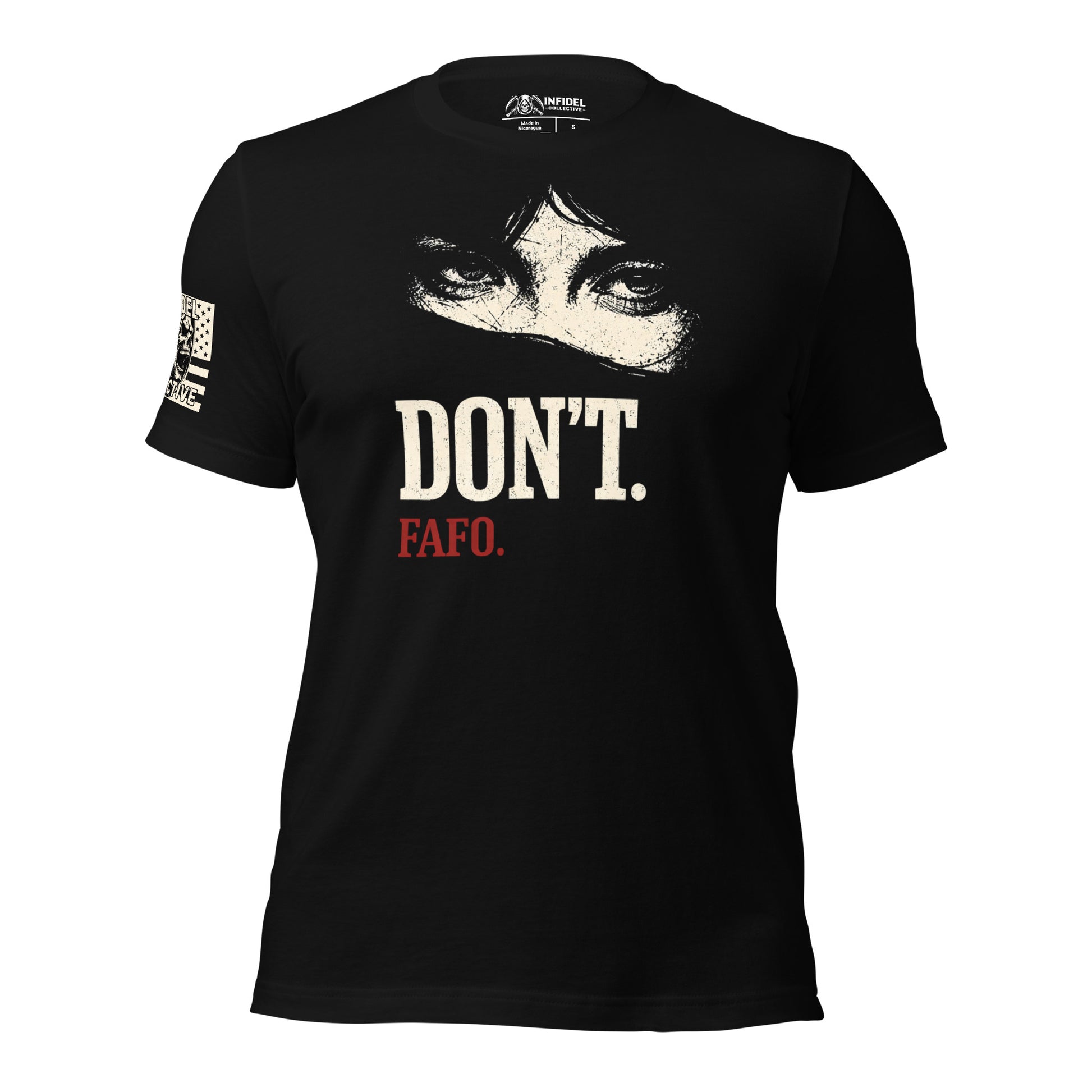 Black t-shirt with graphic design and text "Don't. FAFO" across the front, against a white background