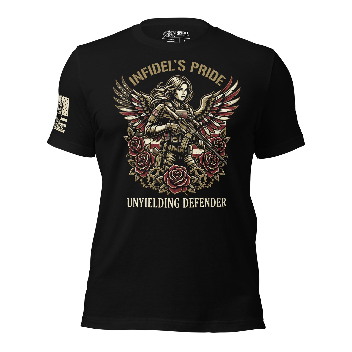 Black t-shirt with graphic design featuring a woman with wings and roses, text 'Infidel's Pride' and 'Unyielding Defender'.