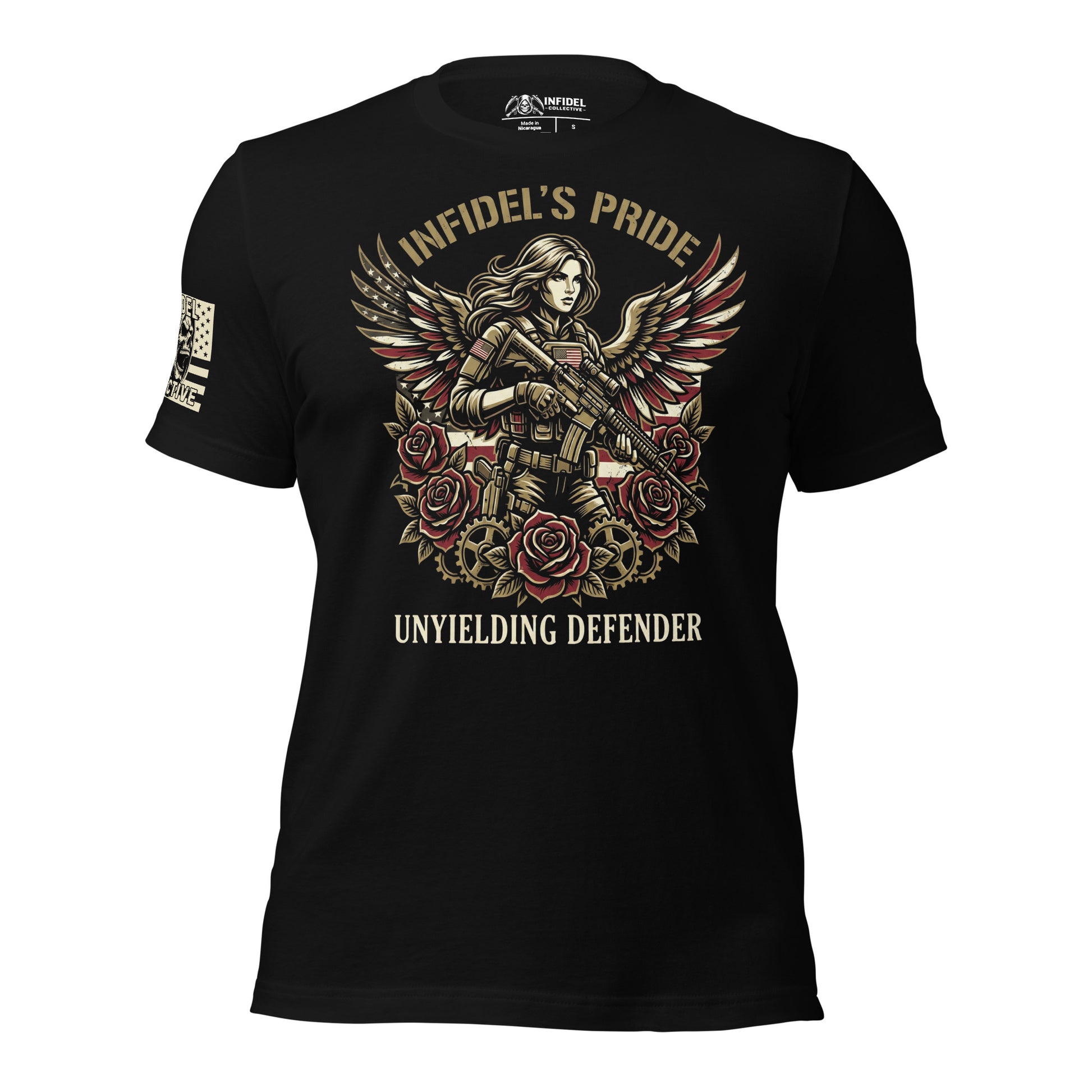 Black t-shirt with graphic design featuring a woman with wings and roses, text 'Infidel's Pride' and 'Unyielding Defender'.