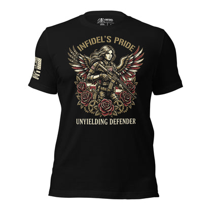 Black t-shirt with graphic design featuring a woman with wings and roses, text 'Infidel's Pride' and 'Unyielding Defender'.