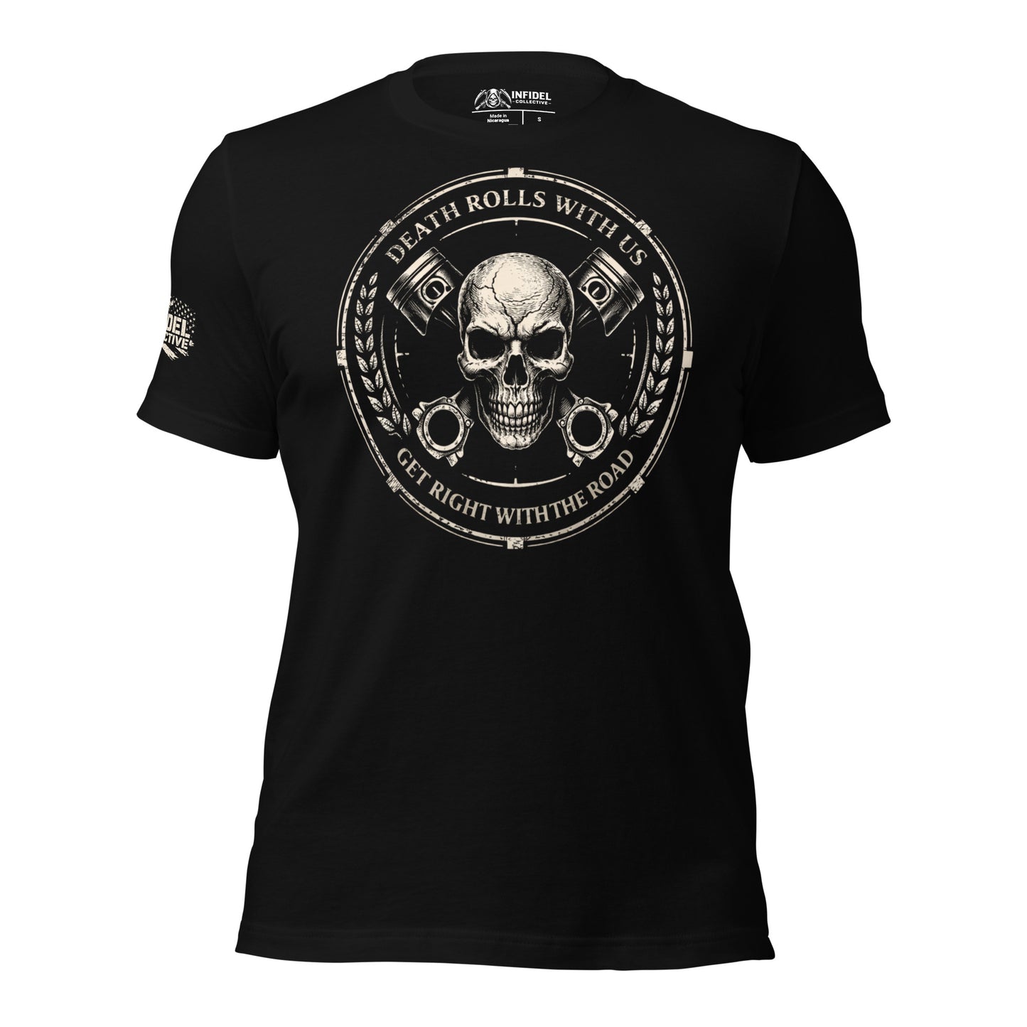 Black t-shirt with a skull and mechanical design on a white background