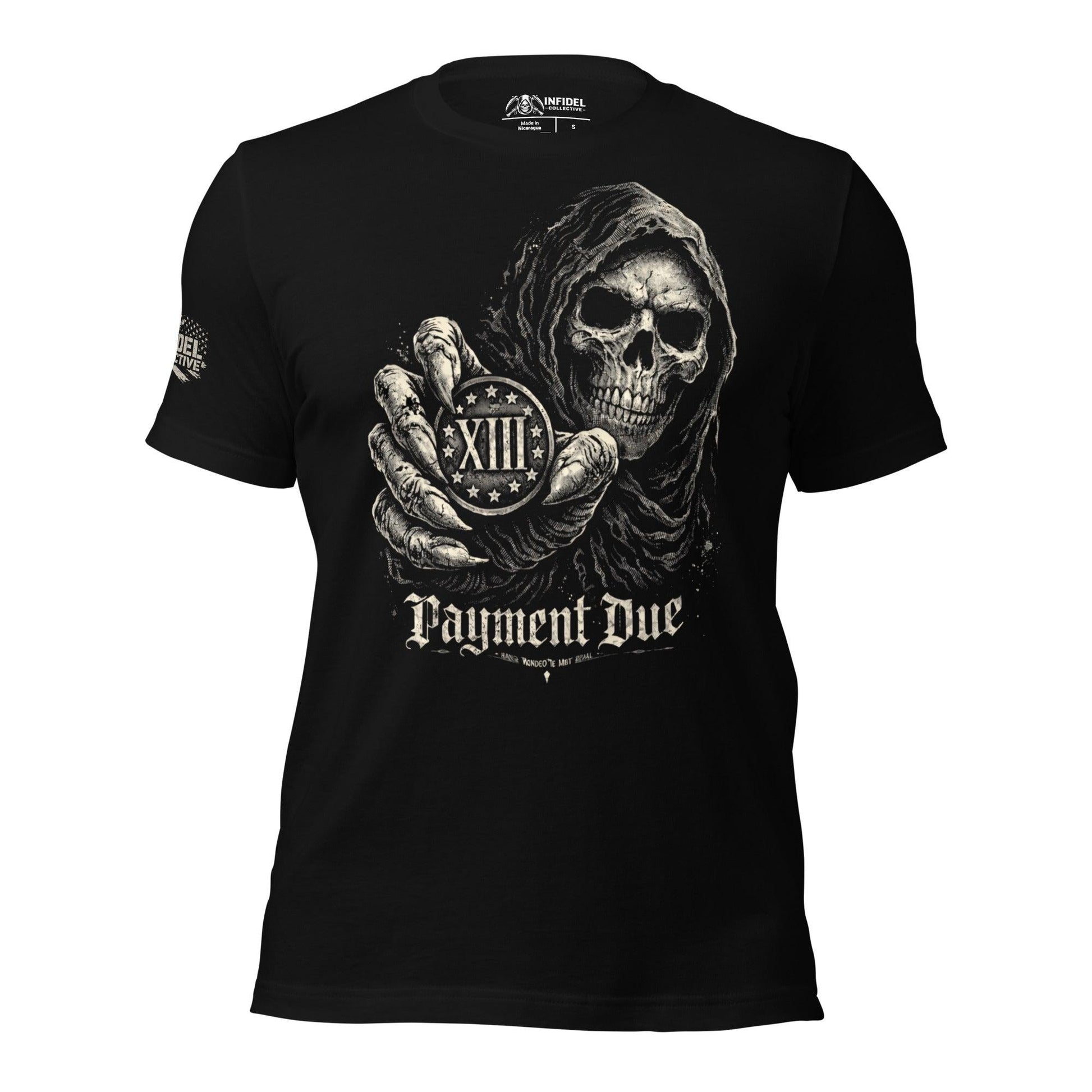 Black t-shirt with a graphic design of a skeleton holding a medallion and 'Payment Due' text on a white background.
