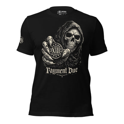 Black t-shirt with a graphic design of a skeleton holding a medallion and 'Payment Due' text on a white background.