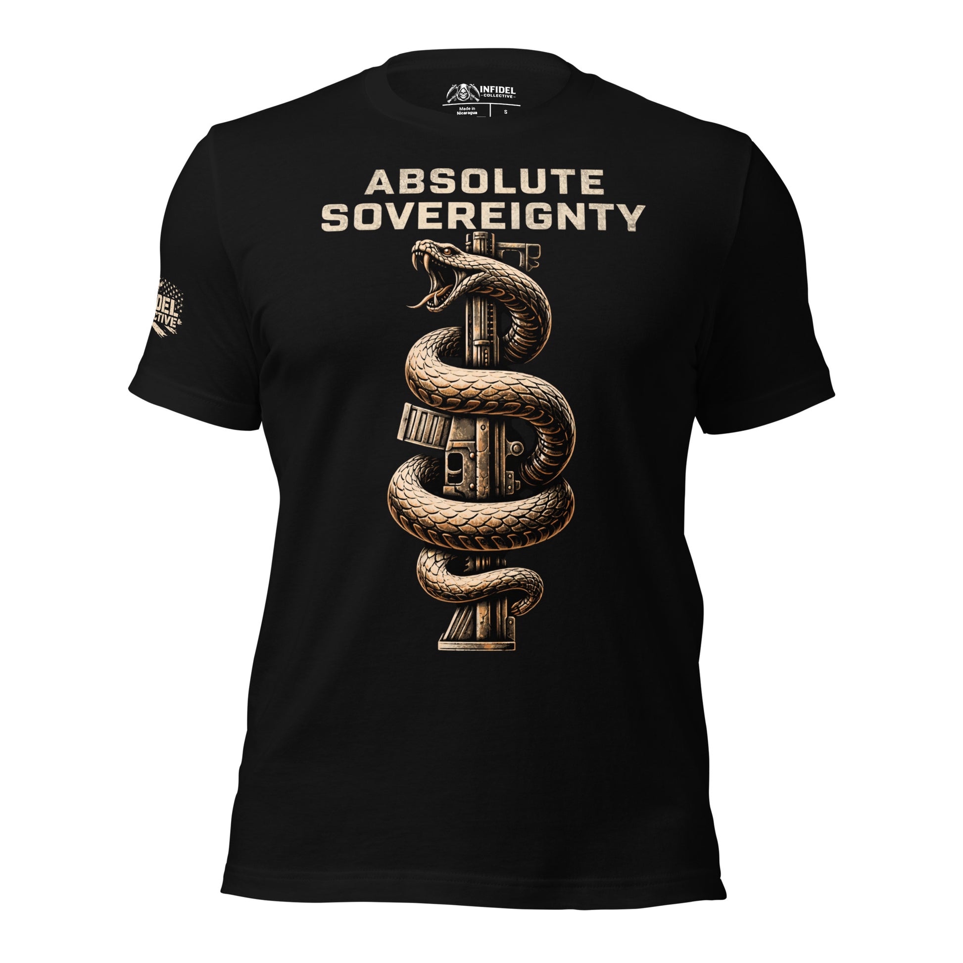 Black t-shirt with a snake design and 'Absolute Sovereignty' cayote colored text on a white background