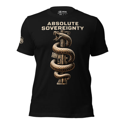 Black t-shirt with a snake design and 'Absolute Sovereignty' cayote colored text on a white background