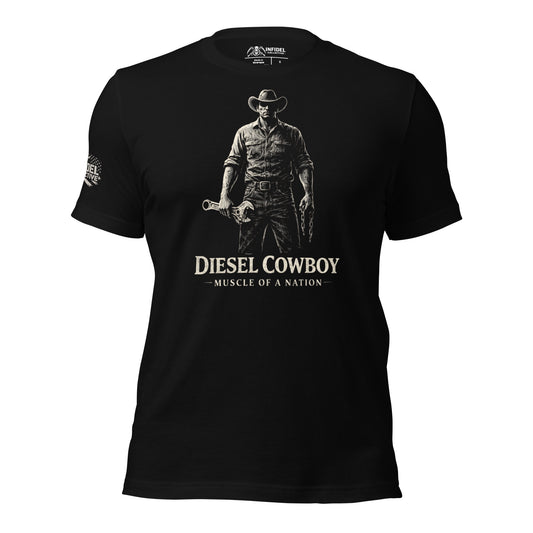 Black t-shirt with a graphic of a cowboy and text 'Diesel Cowboy Muscle of a Nation' on a white background.