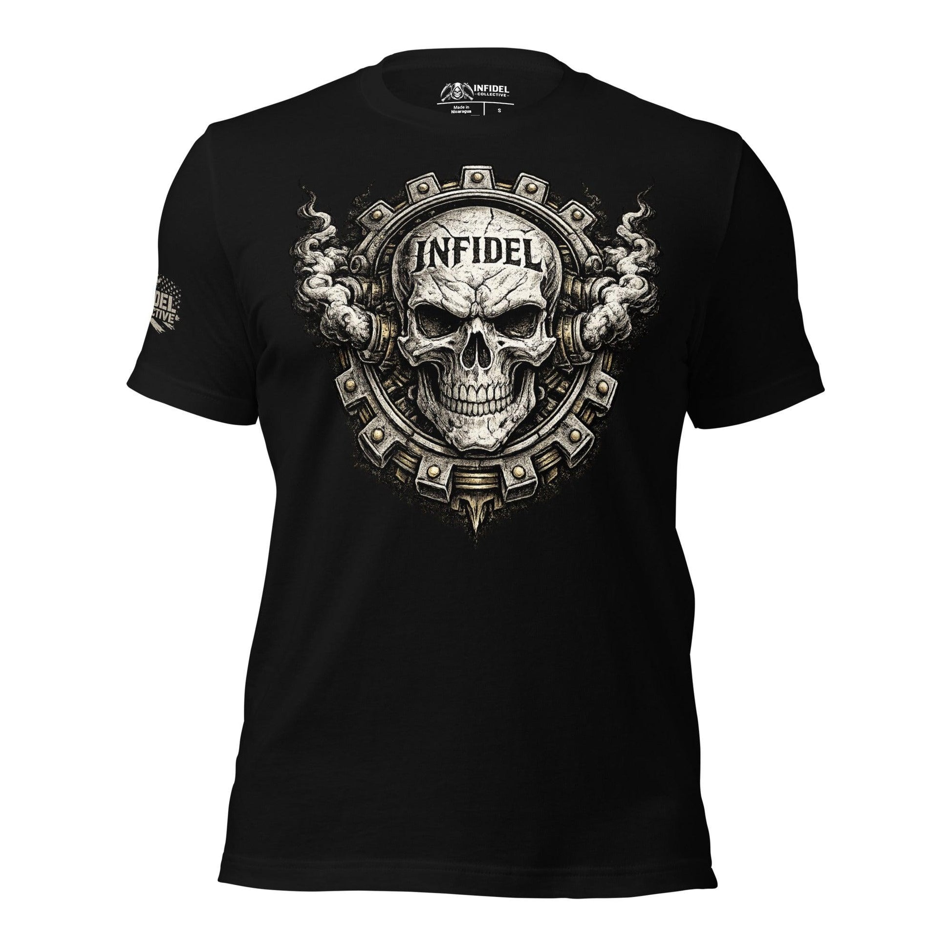 Ghosted mockup of black t-shirt with steampunk & skull icon with "INFIDEL" stamped into the forehead of the skull, against a white background.