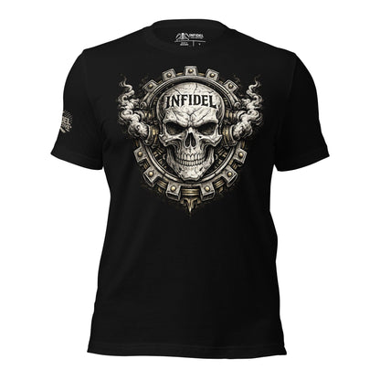 Ghosted mockup of black t-shirt with steampunk & skull icon with "INFIDEL" stamped into the forehead of the skull, against a white background.