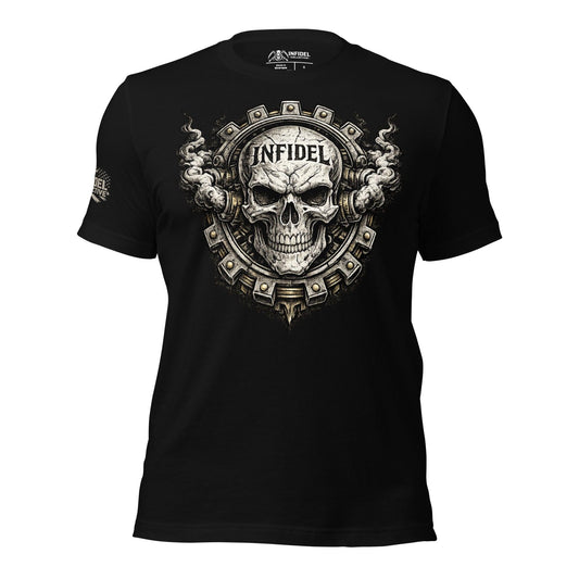 Ghosted mockup of black t-shirt with steampunk & skull icon with "INFIDEL" stamped into the forehead of the skull, against a white background.