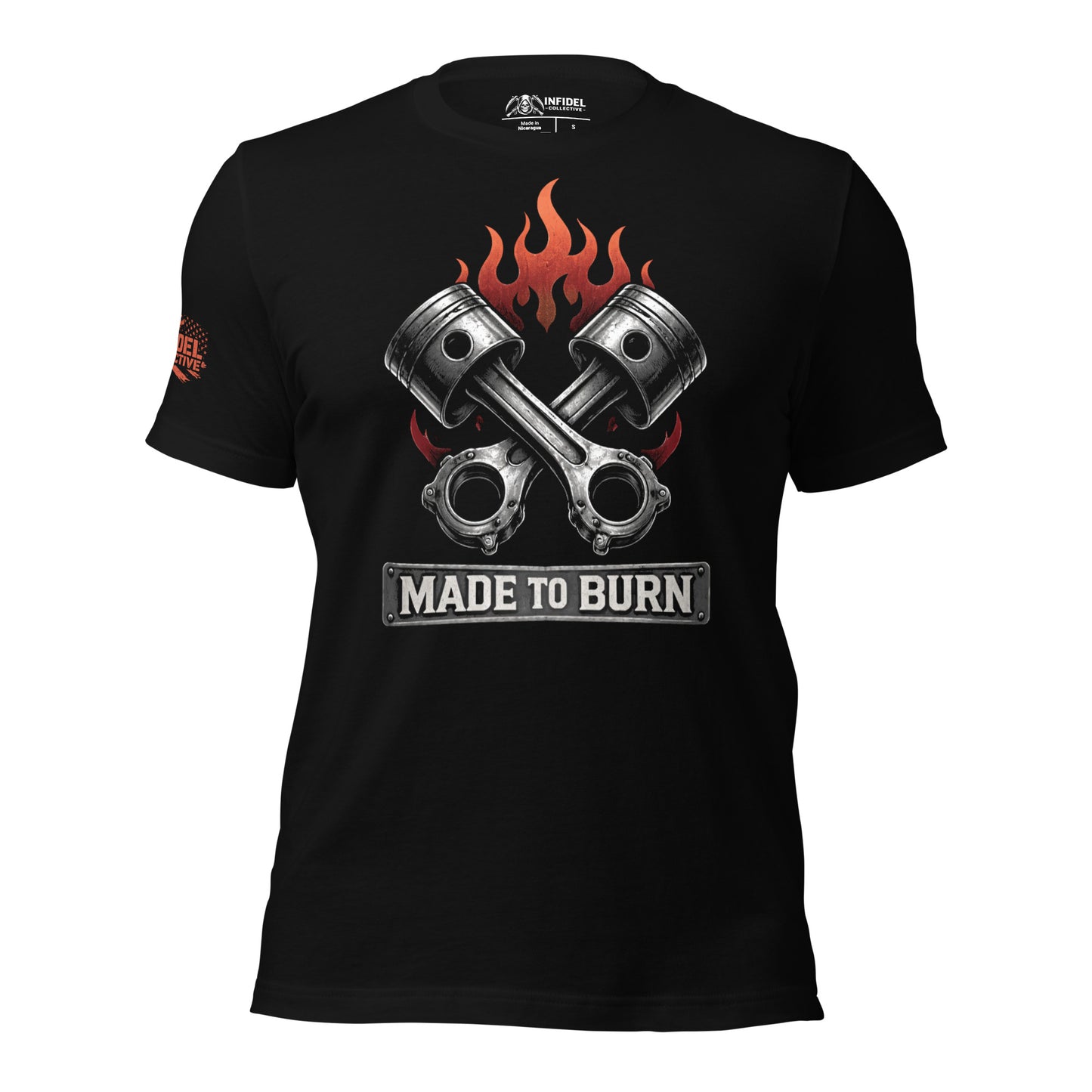 Black t-shirt with engine piston design and 'Made to Burn' text on a white background