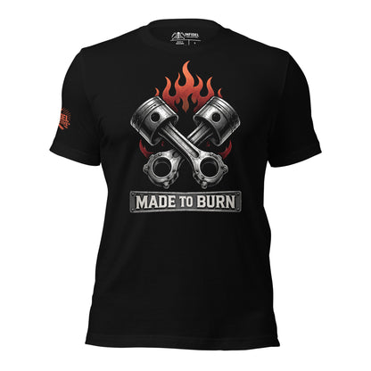 Black t-shirt with engine piston design and 'Made to Burn' text on a white background