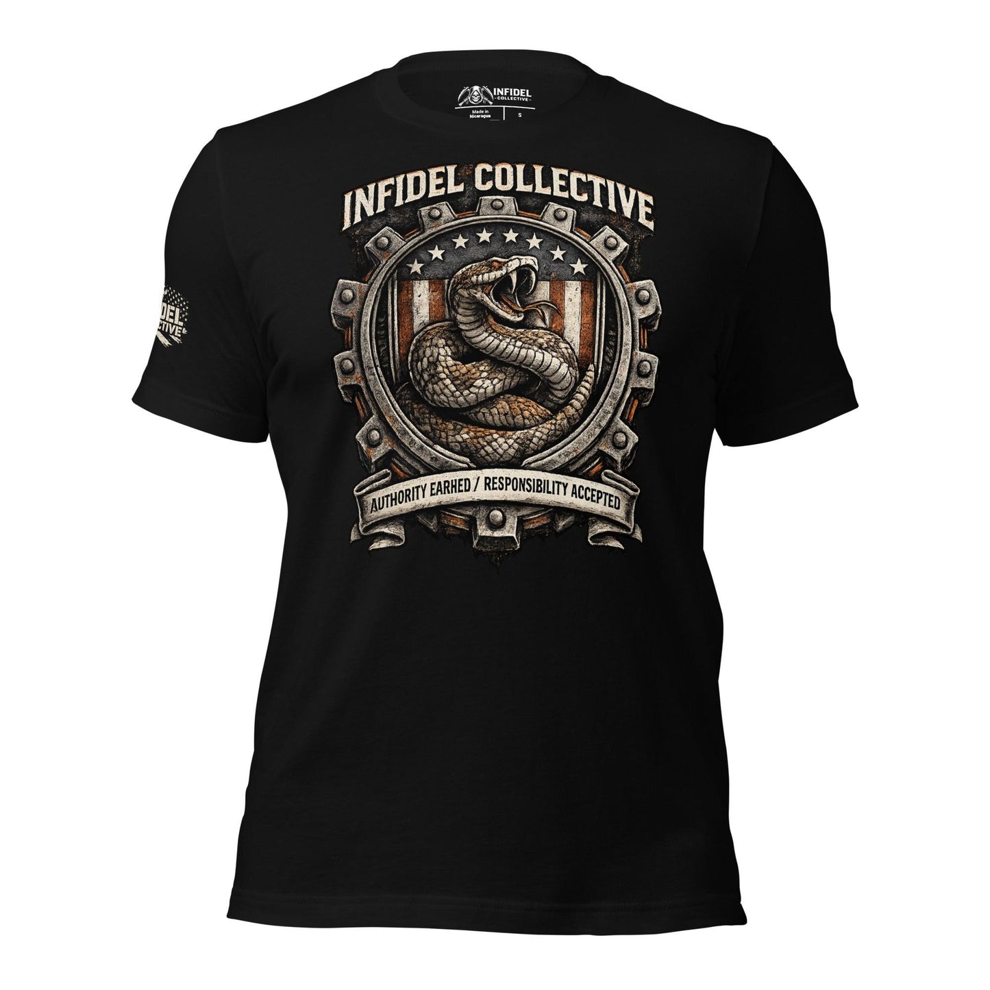 Black t-shirt with snake graphic and 'Infidel Collective' text on a white background