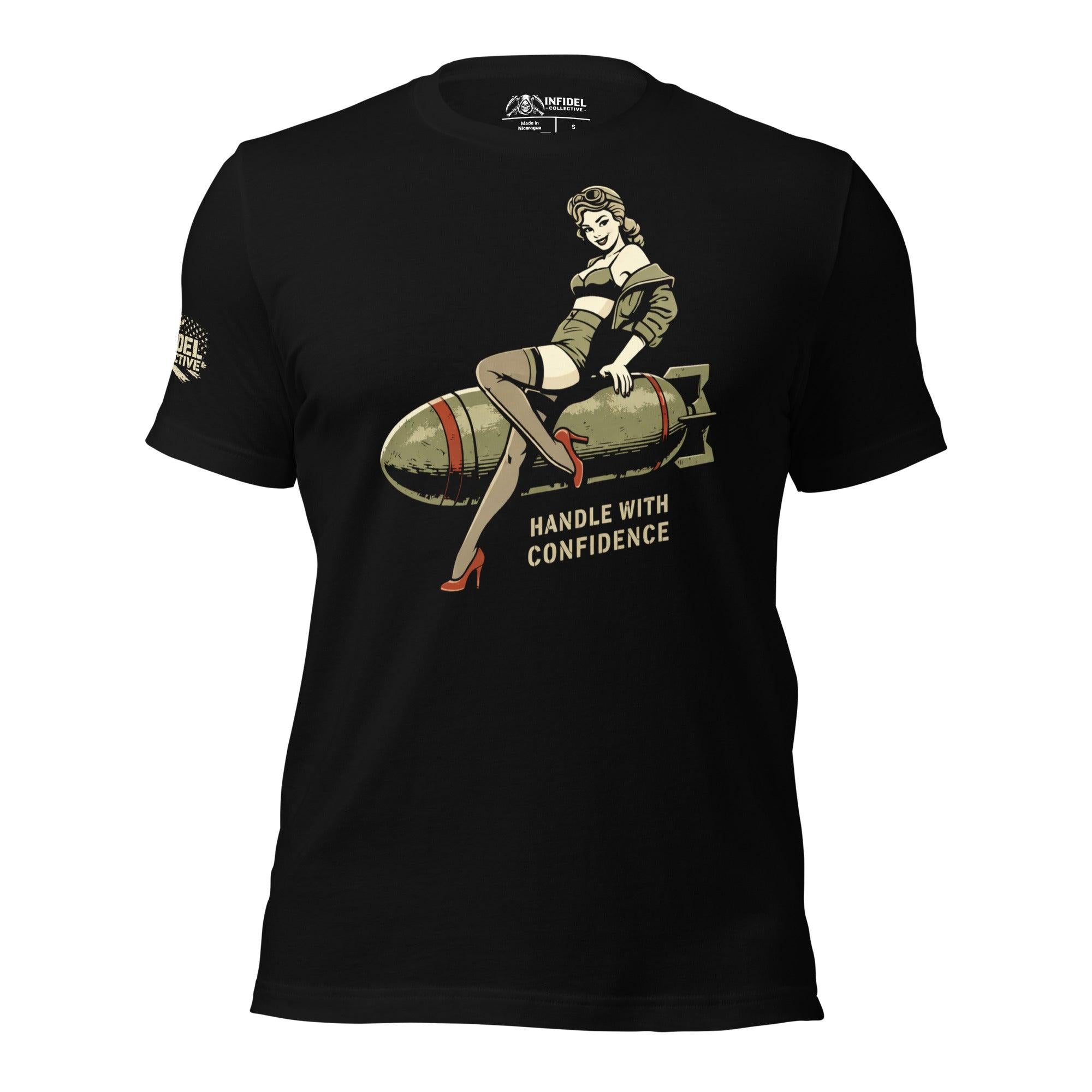 Black t-shirt with a graphic design of a woman on a bomb and text 'Handle with Confidence' on a white background.