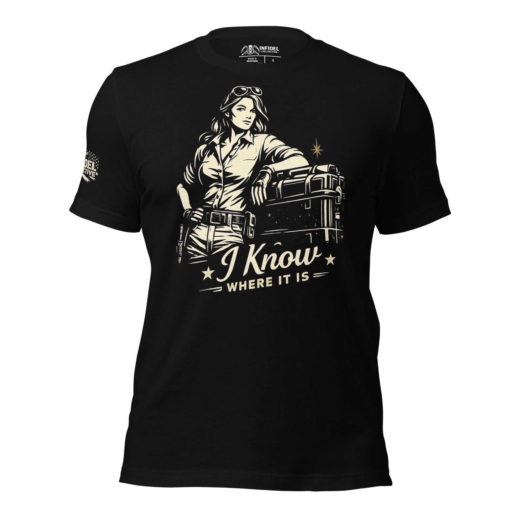 Black t-shirt with graphic design of a woman holding a crate and text 'I Know Where It Is' on a white background.